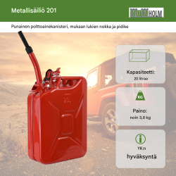 20 litran metallikanisteri, punainen, kaatonokka ja pidike, bensiini ja diesel