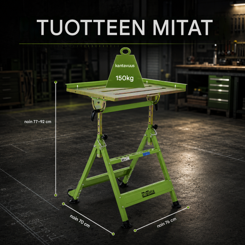 TRUTZHOLM hitsauspöytä 150 kg, taitettava, säädettävä 77,5–92,5 cm, 0–90°, 32643