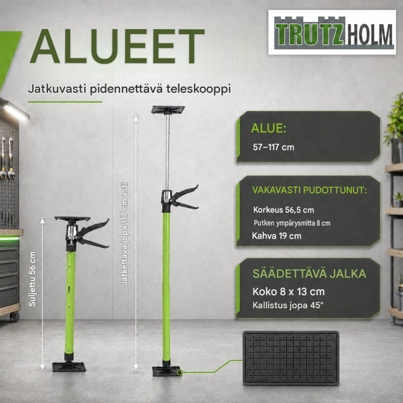 TRUTZHOLM teleskooppituki 57–117 cm, vihreä, 30 kg, kallistettavat tukilevyt