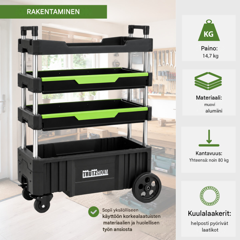 TRUTZHOLM kokoontaitettava työkalukärry 67,5 x 40 x 95 cm, 80 kg, 4 tasoa