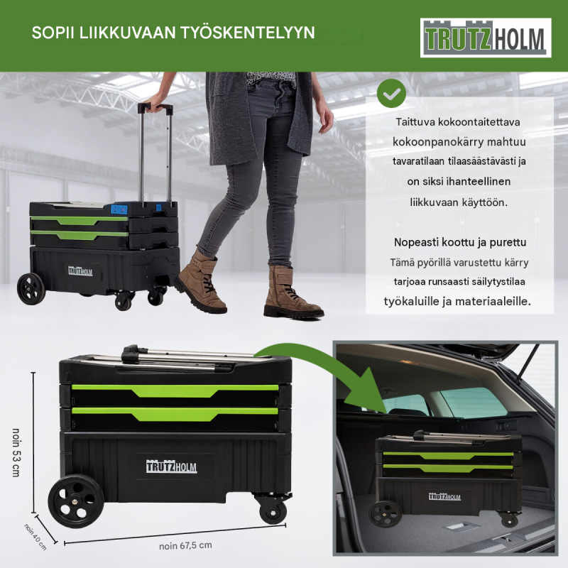 TRUTZHOLM kokoontaitettava työkalukärry 67,5 x 40 x 95 cm, 80 kg, 4 tasoa