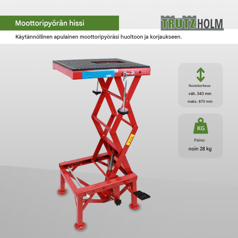 Moottoripyöränostin 135 kg, 34–87 cm, hydraulinen, Enduro ja MotoCross