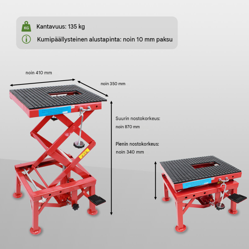 Moottoripyöränostin 135 kg, 34–87 cm, hydraulinen, Enduro ja MotoCross