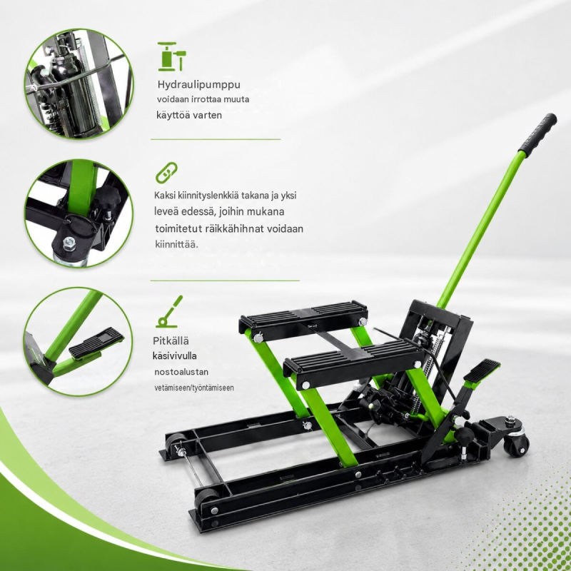 Hydraulinen moottoripyöränostin 680 kg, 120–380 mm, ATV ja Quad