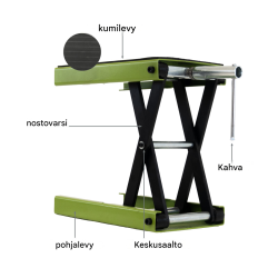 TRUTZHOLM-moottoripyöränostin 500 kg, teräs, enimmäisnostokorkeus 370 mm, vihreä