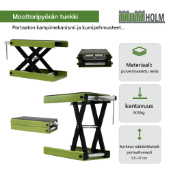 TRUTZHOLM-moottoripyöränostin 500 kg, teräs, enimmäisnostokorkeus 370 mm, vihreä
