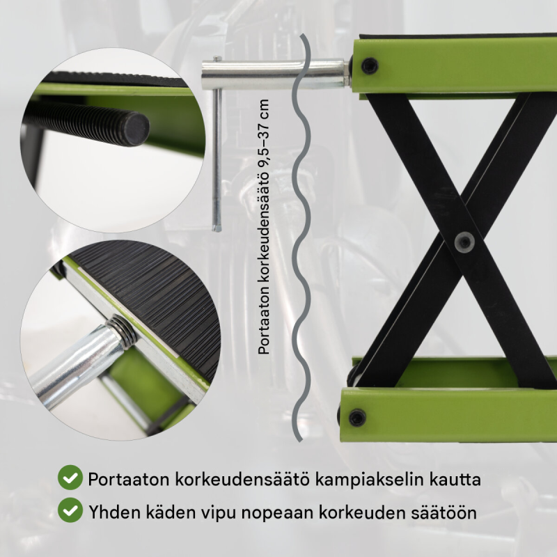 TRUTZHOLM-moottoripyöränostin 500 kg, teräs, enimmäisnostokorkeus 370 mm, vihreä