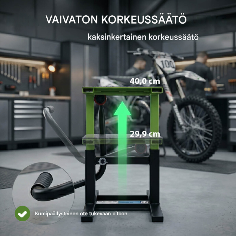 TRUTZHOLM moottoripyöränostin 150 kg, teräs, 299–400 mm, musta / vihreä