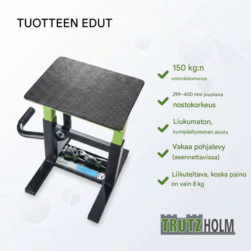 TRUTZHOLM moottoripyöränostin 150 kg, teräs, 299–400 mm, musta / vihreä
