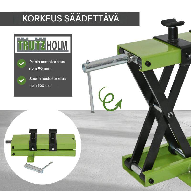TRUTZHOLM moottoripyöränostin 500 kg, 90–500 mm, teräs, vihreä