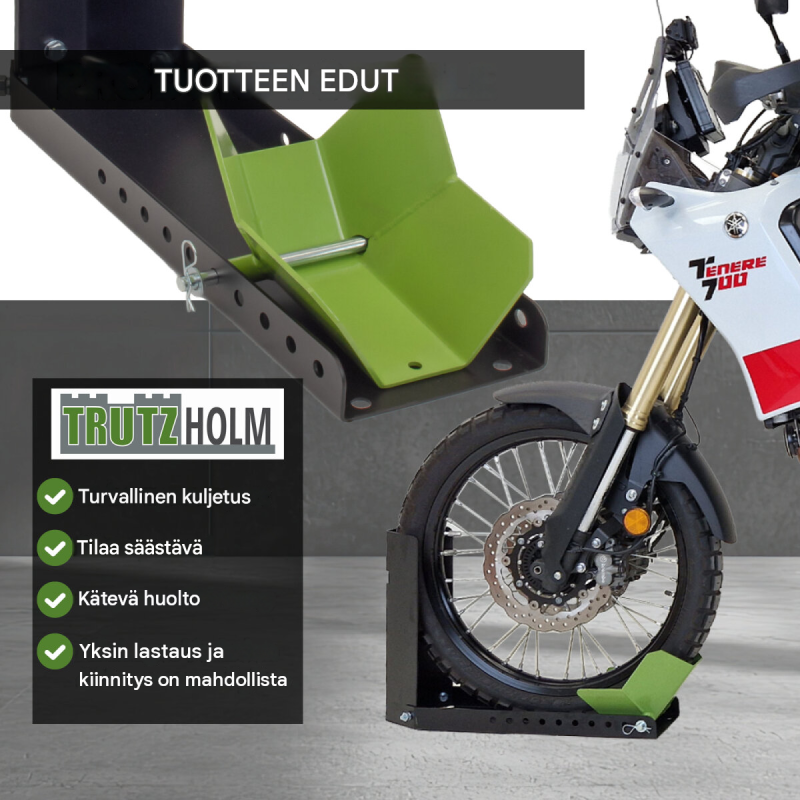 TRUTZHOLM moottoripyöräkiila, 10-portainen säätö, 8–24 tuumaa, 90–145 mm, 450 kg, musta/vihreä