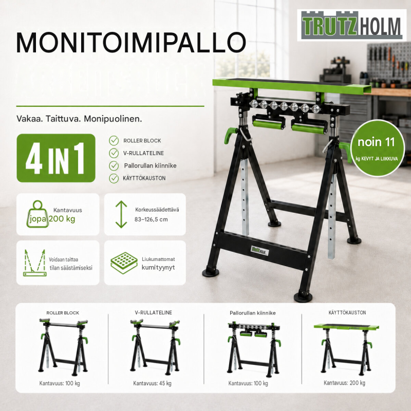 TRUTZHOLM 4-in-1-työjalka, korkeussäädettävä ja taitettava, 200 kg