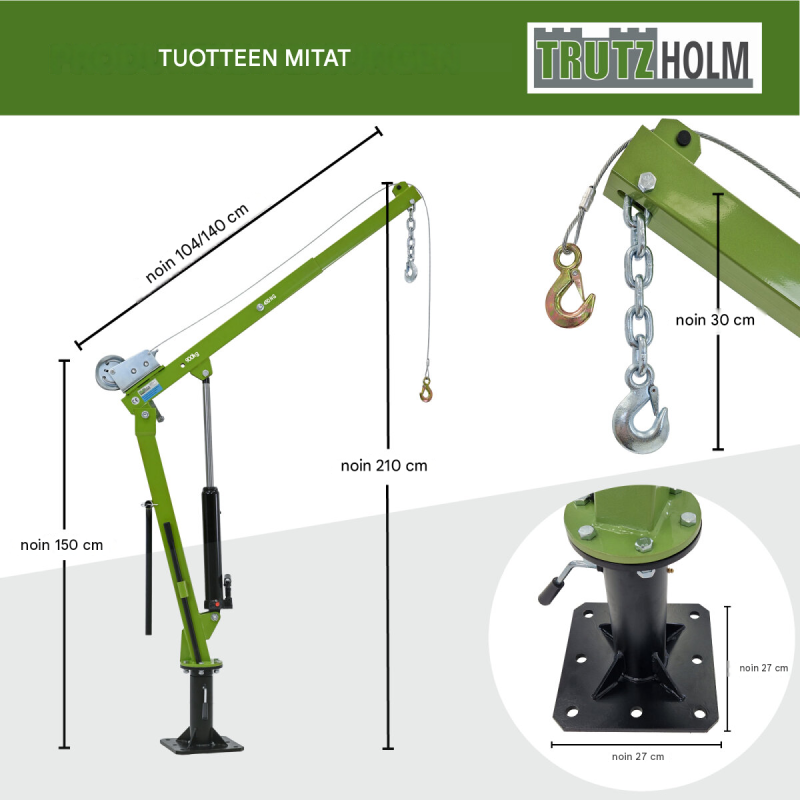 TRUTZHOLM Pickup-nosturi 900 kg, 360°, hydraulinen, vaijerivinssi 725 cm, säädettävä nostopuomi, 7091