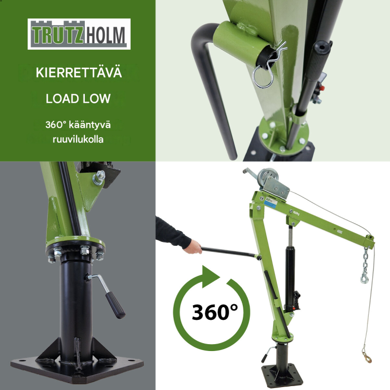 TRUTZHOLM Pickup-nosturi 900 kg, 360°, hydraulinen, vaijerivinssi 725 cm, säädettävä nostopuomi, 7091