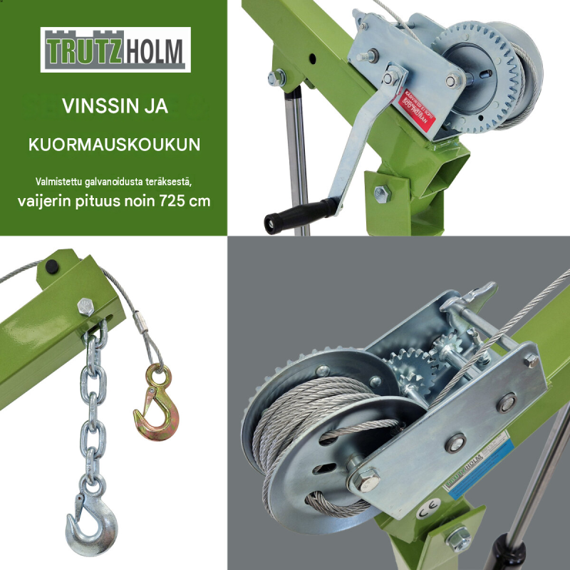 TRUTZHOLM Pickup-nosturi 900 kg, 360°, hydraulinen, vaijerivinssi 725 cm, säädettävä nostopuomi, 7091