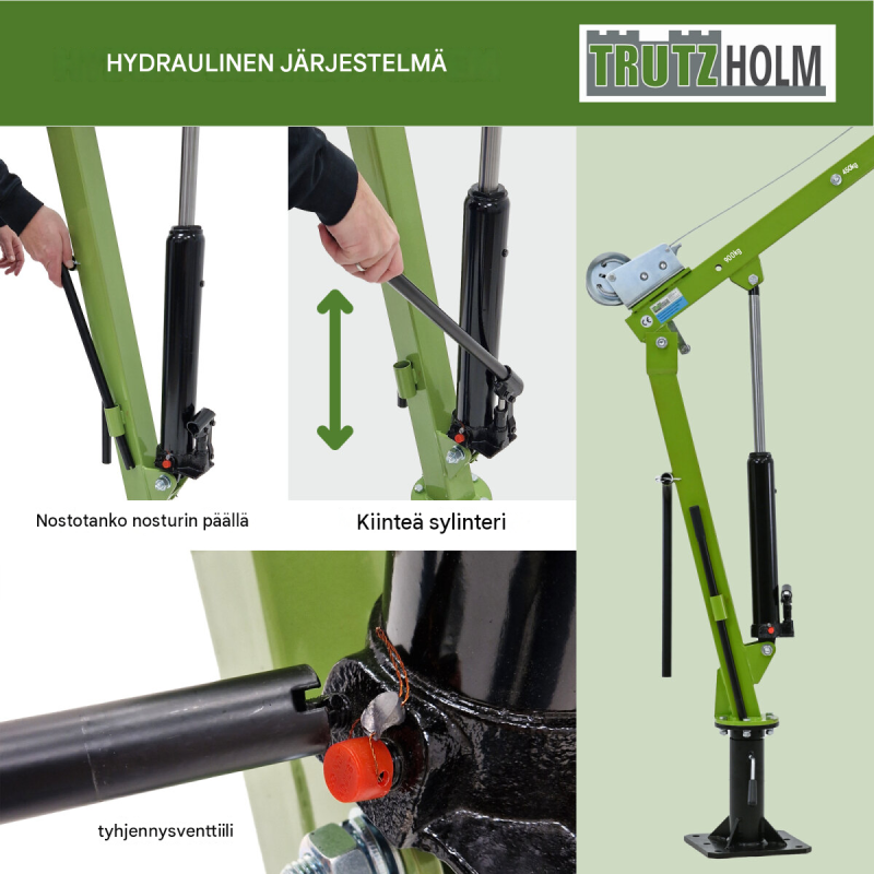 TRUTZHOLM Pickup-nosturi 900 kg, 360°, hydraulinen, vaijerivinssi 725 cm, säädettävä nostopuomi, 7091