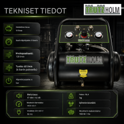 TRUTZHOLM TH-fk9l hiljainen kompressori 900 W, 9 l, 8 bar, tarvikkeilla