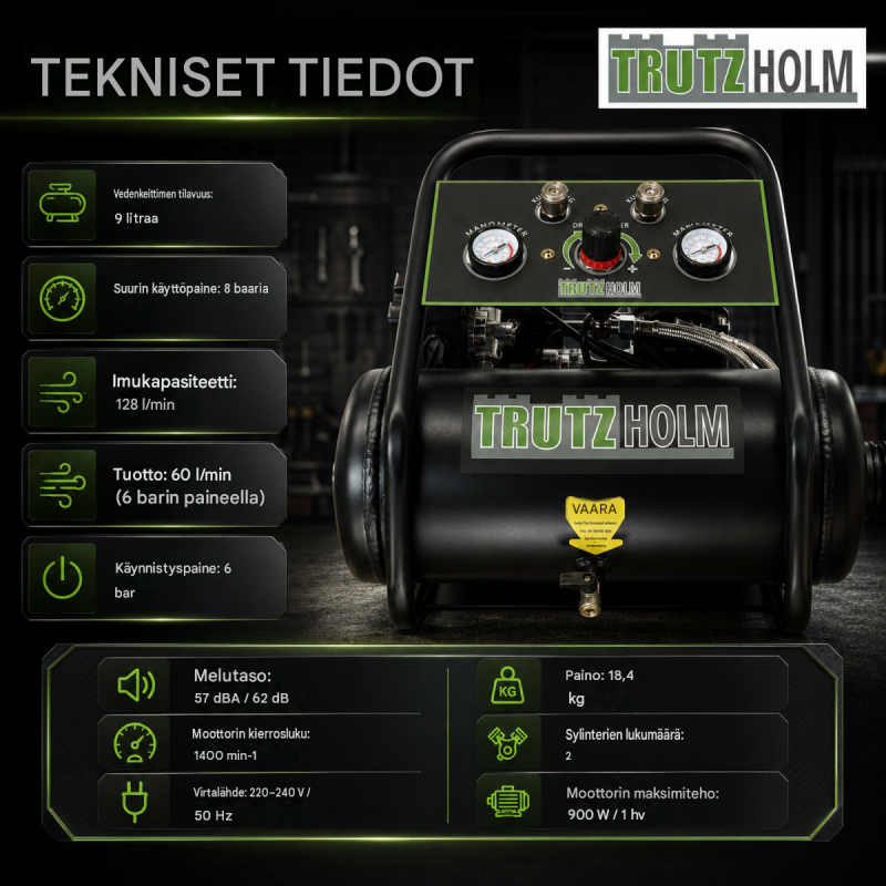 TRUTZHOLM TH-fk9l hiljainen kompressori 900 W, 9 l, 8 bar, tarvikkeilla