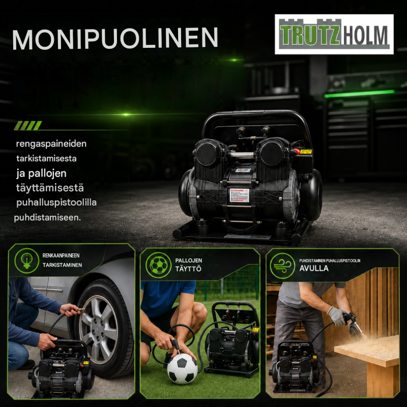 TRUTZHOLM TH-fk9l hiljainen kompressori 900 W, 9 l, 8 bar, tarvikkeilla
