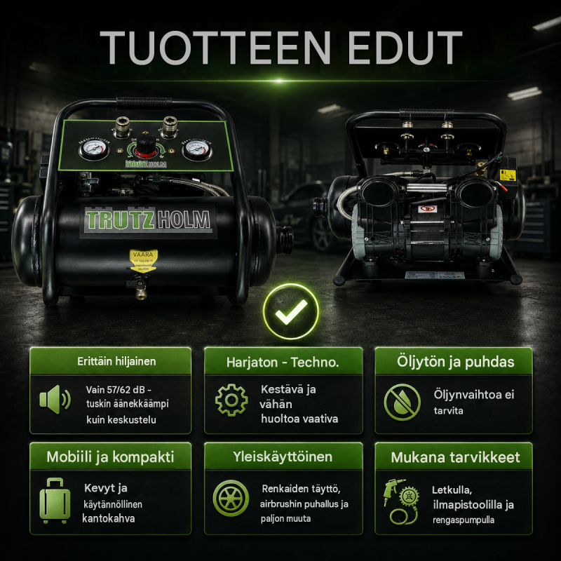 TRUTZHOLM TH-fk9l hiljainen kompressori 900 W, 9 l, 8 bar, tarvikkeilla