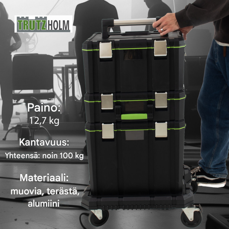 Modulaarinen työkalulaatikkosarja 3 laatikkoa, rollbrett, kantavuus 100 kg, musta ja vihreä