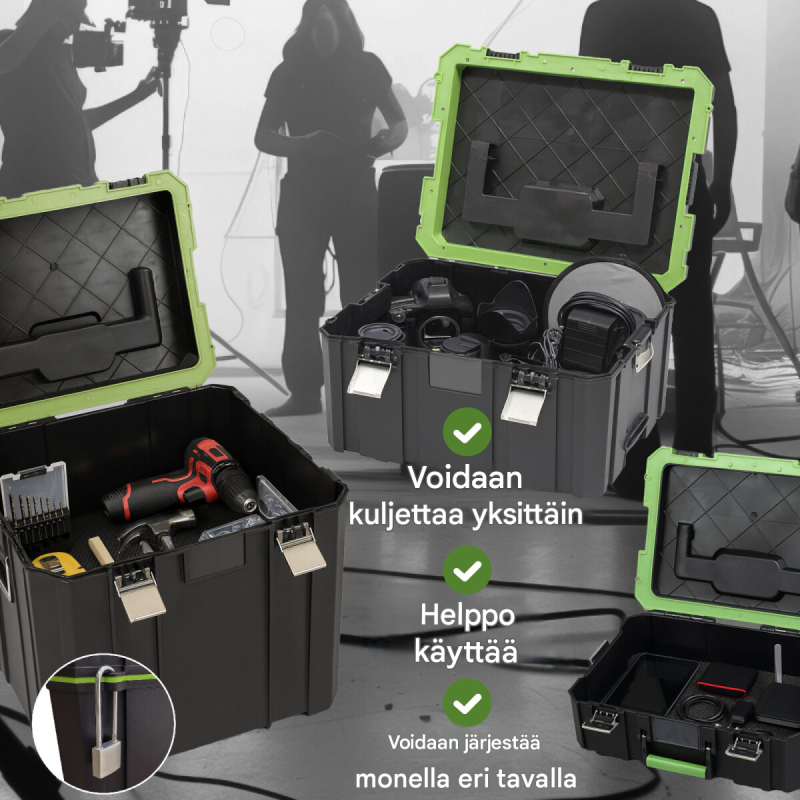 Modulaarinen työkalulaatikkosarja 3 laatikkoa, rollbrett, kantavuus 100 kg, musta ja vihreä
