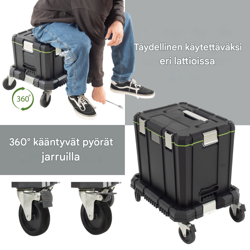 Modulaarinen työkalulaatikkosarja 3 laatikkoa, rollbrett, kantavuus 100 kg, musta ja vihreä