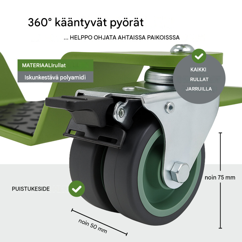 TRUTZHOLM moottoripyörän siirtoteline 450 kg, vihreä, 360° pyörät, 24 mm alusta