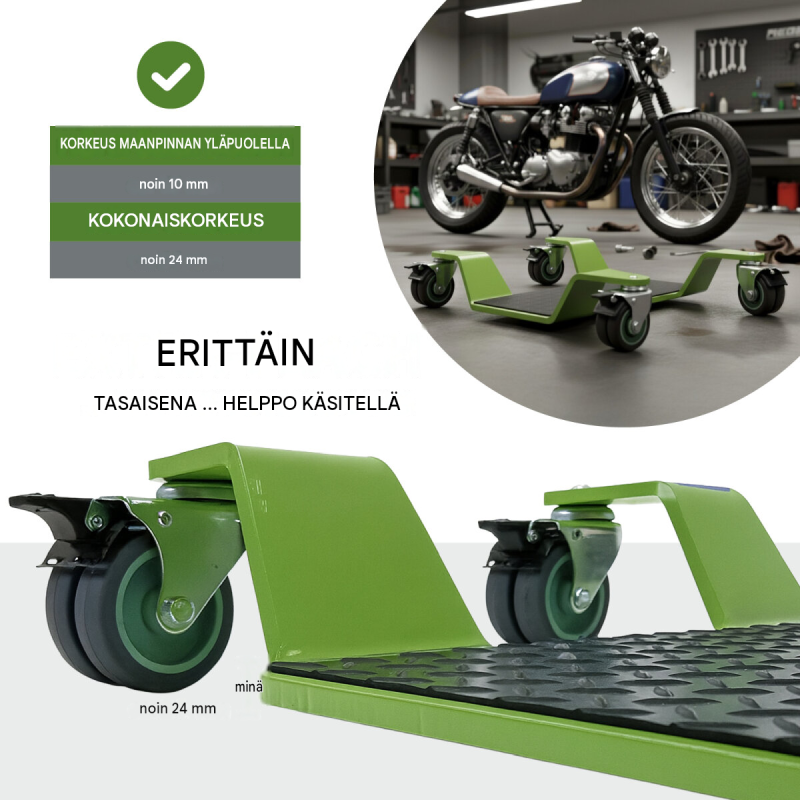 TRUTZHOLM moottoripyörän siirtoteline 450 kg, vihreä, 360° pyörät, 24 mm alusta