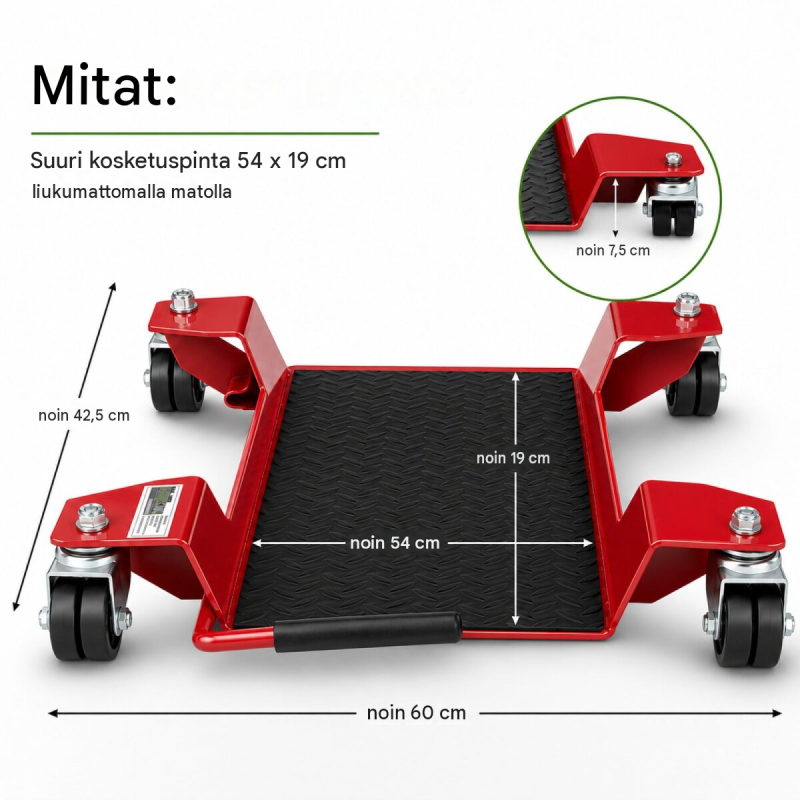 Moottoripyörän siirtelyalusta 250 kg, punainen, 54 x 19 cm, 360° kaksoispyörät