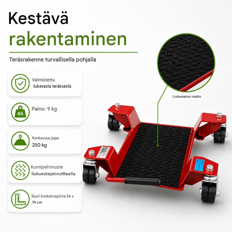 Moottoripyörän siirtelyalusta 250 kg, punainen, 54 x 19 cm, 360° kaksoispyörät