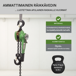 Räikkätalja 0,75 t, 6 m nostokorkeus, öljytön ketju, 11,2 kg