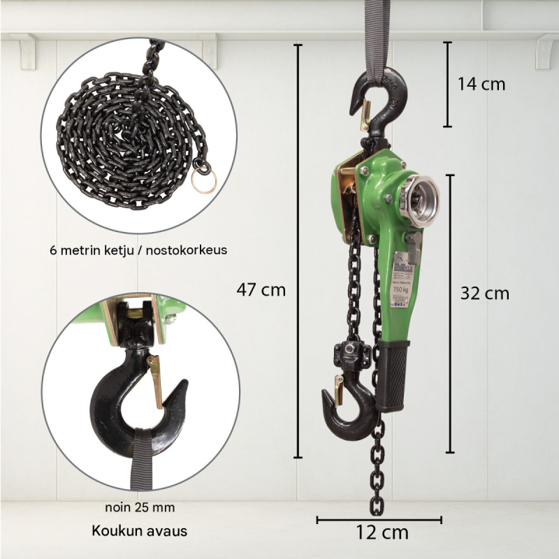 Räikkätalja 0,75 t, 6 m nostokorkeus, öljytön ketju, 11,2 kg