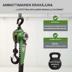 Räikkäketjutalja 1,5 t, 6 m nostokorkeus, öljytön ketju, asennukseen ja rakentamiseen