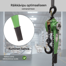 Räikkäketjutalja 1,5 t, 6 m nostokorkeus, öljytön ketju, asennukseen ja rakentamiseen