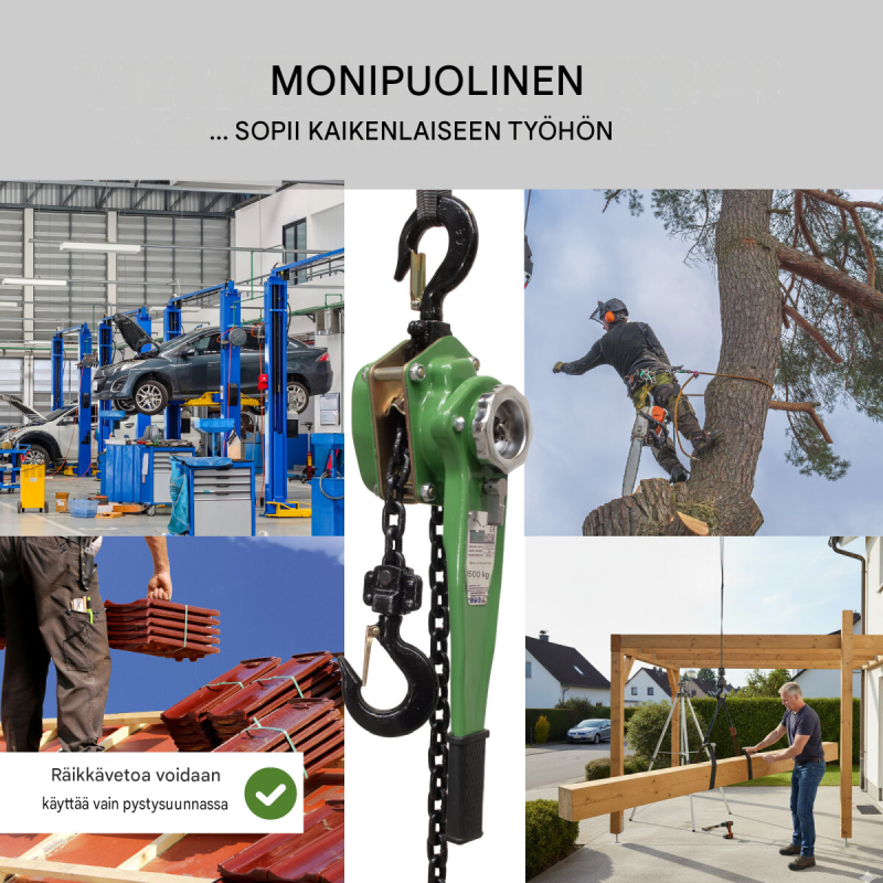 Räikkäketjutalja 1,5 t, 6 m nostokorkeus, öljytön ketju, asennukseen ja rakentamiseen