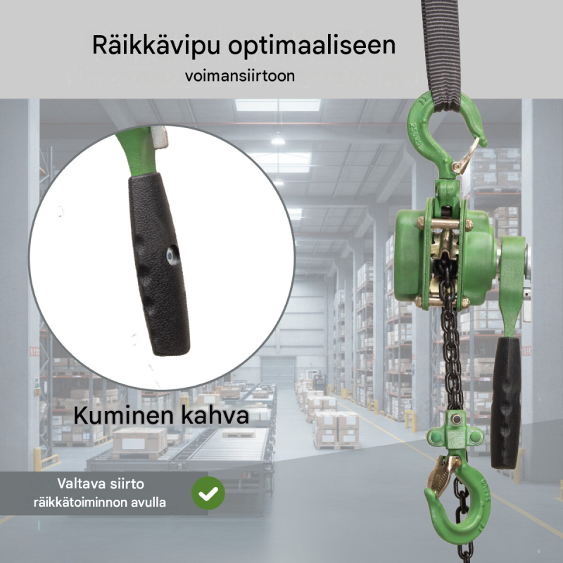 Räikkäketjutalja 250 kg, 1,5 m nostokorkeus, öljytty ketju
