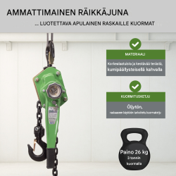 Ketjunostin 3 t, 6 m nostokorkeus, öljytön ketju, räikkämekanismi