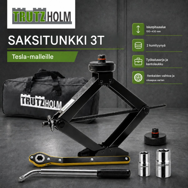 TRUTZHOLM saksitunkki Tesla-ajoneuvoille, 3 t, 100–430 mm, kumityynyt ja työkalut