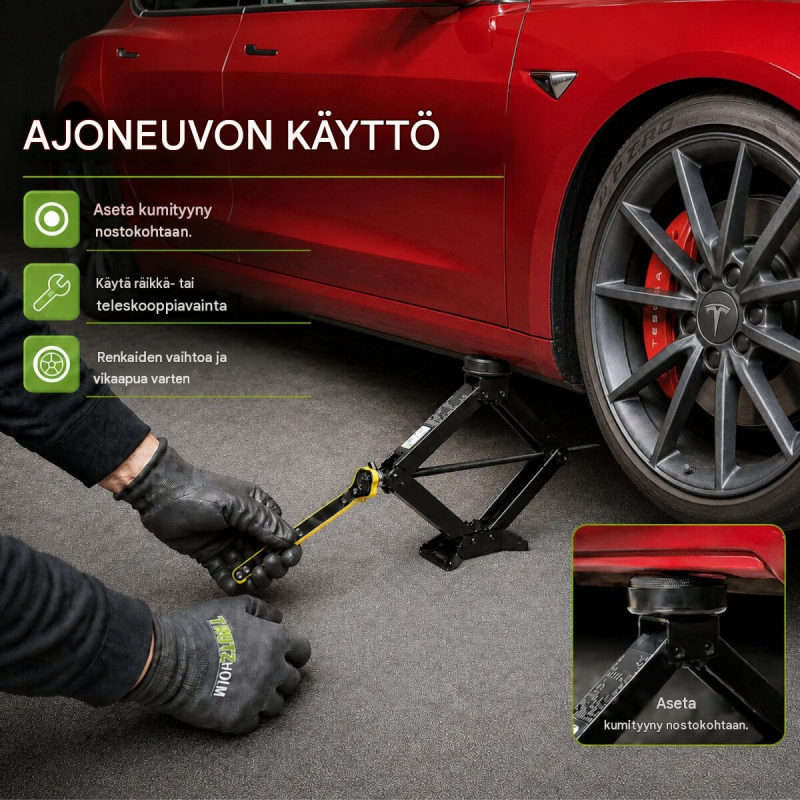 TRUTZHOLM saksitunkki Tesla-ajoneuvoille, 3 t, 100–430 mm, kumityynyt ja työkalut