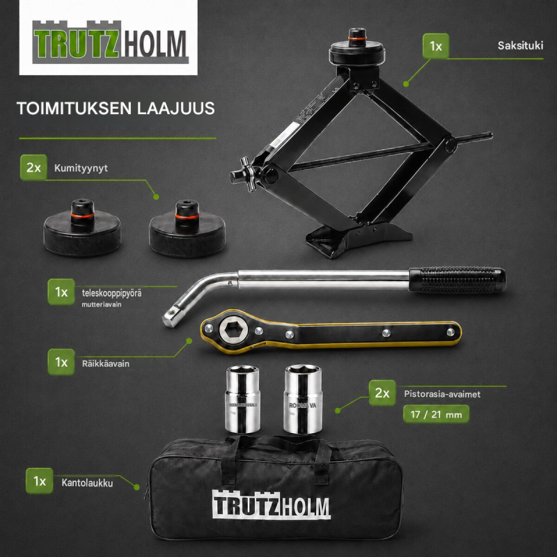 TRUTZHOLM saksitunkki Tesla-ajoneuvoille, 3 t, 100–430 mm, kumityynyt ja työkalut