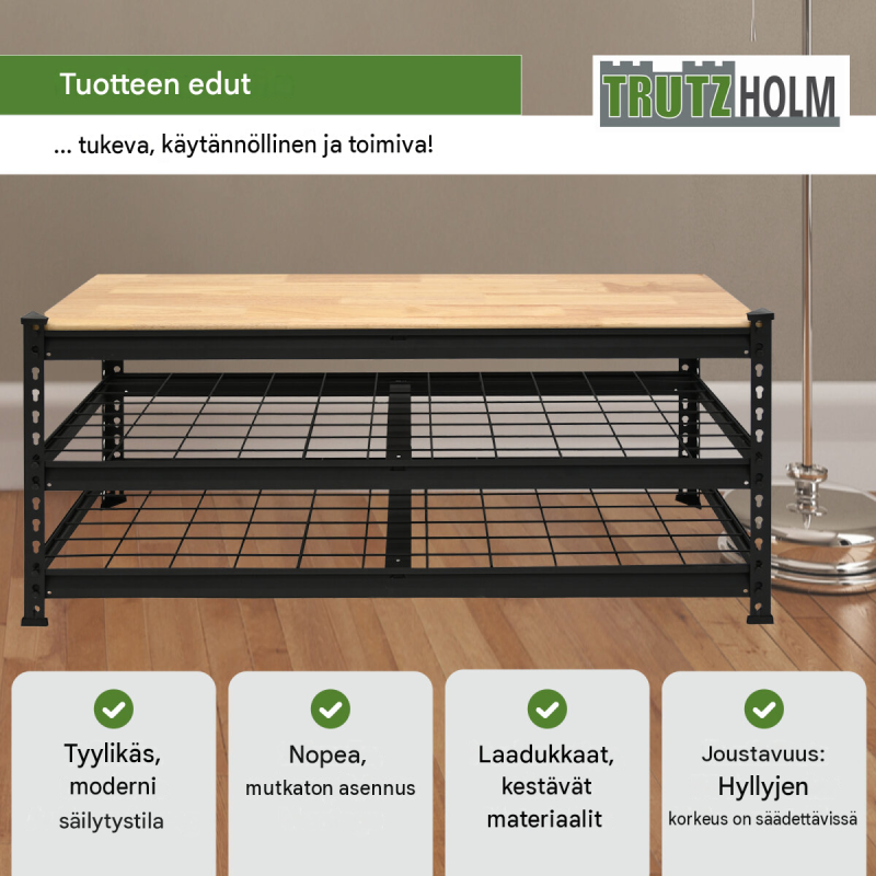 TRUTZHOLM kenkähylly istuimella, 115 x 40 x 54 cm, musta, 600 kg
