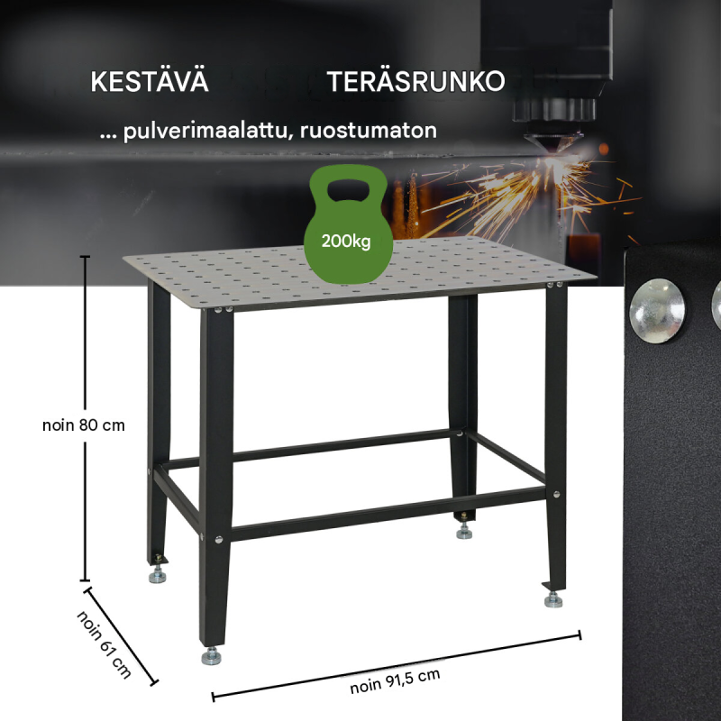 Hitsauspöytä TRUTZHOLM, 91,5 x 61 x 80 cm, mattamusta, 200 kg, reikälevy 16 mm