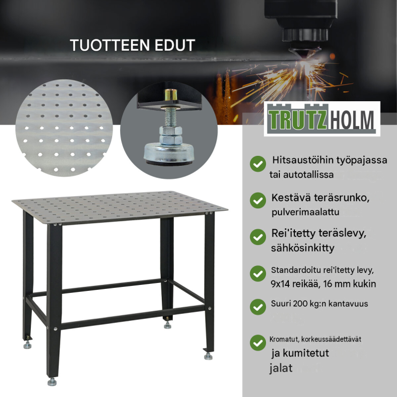 Hitsauspöytä TRUTZHOLM, 91,5 x 61 x 80 cm, mattamusta, 200 kg, reikälevy 16 mm