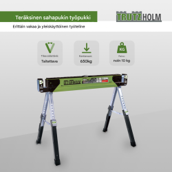 TrutzHolm® teräksinen sahaus- ja työpukki, 650 kg, säädettävä 64,5–83 cm, taitettava
