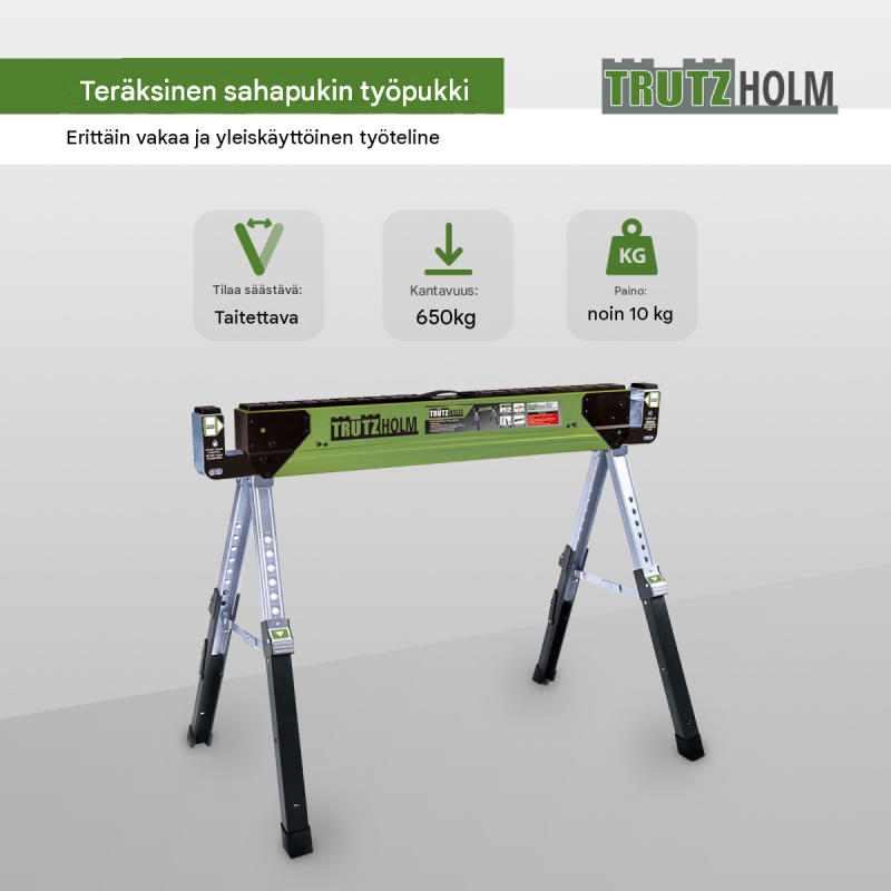 TrutzHolm® teräksinen sahaus- ja työpukki, 650 kg, säädettävä 64,5–83 cm, taitettava