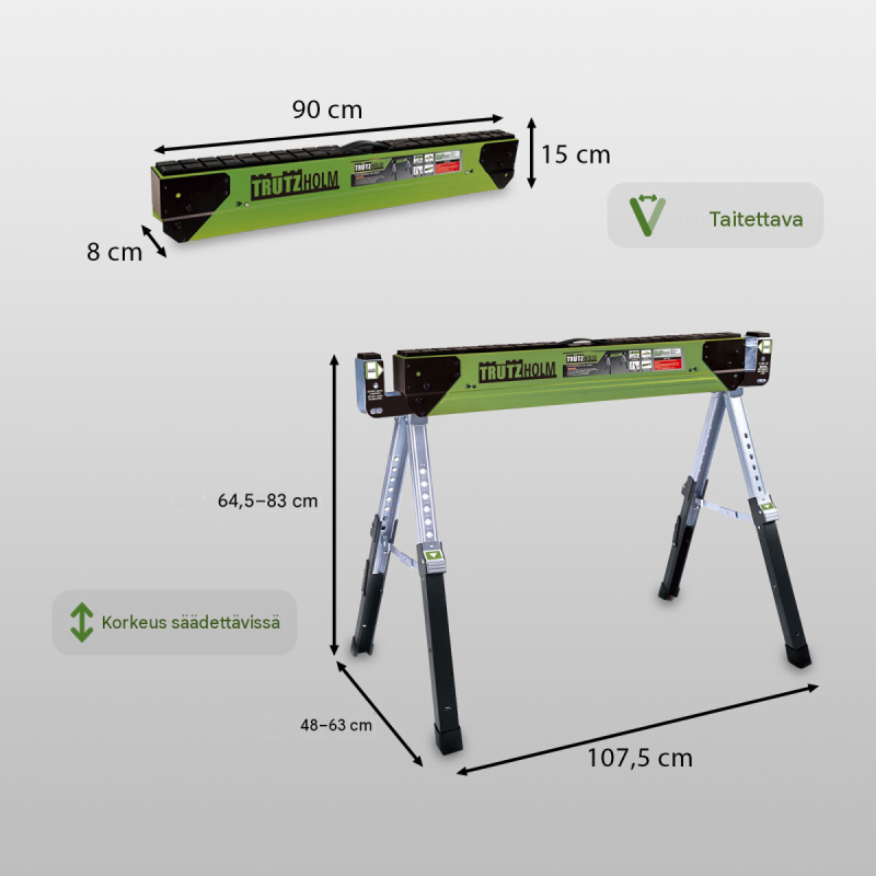 TrutzHolm® teräksinen sahaus- ja työpukki, 650 kg, säädettävä 64,5–83 cm, taitettava
