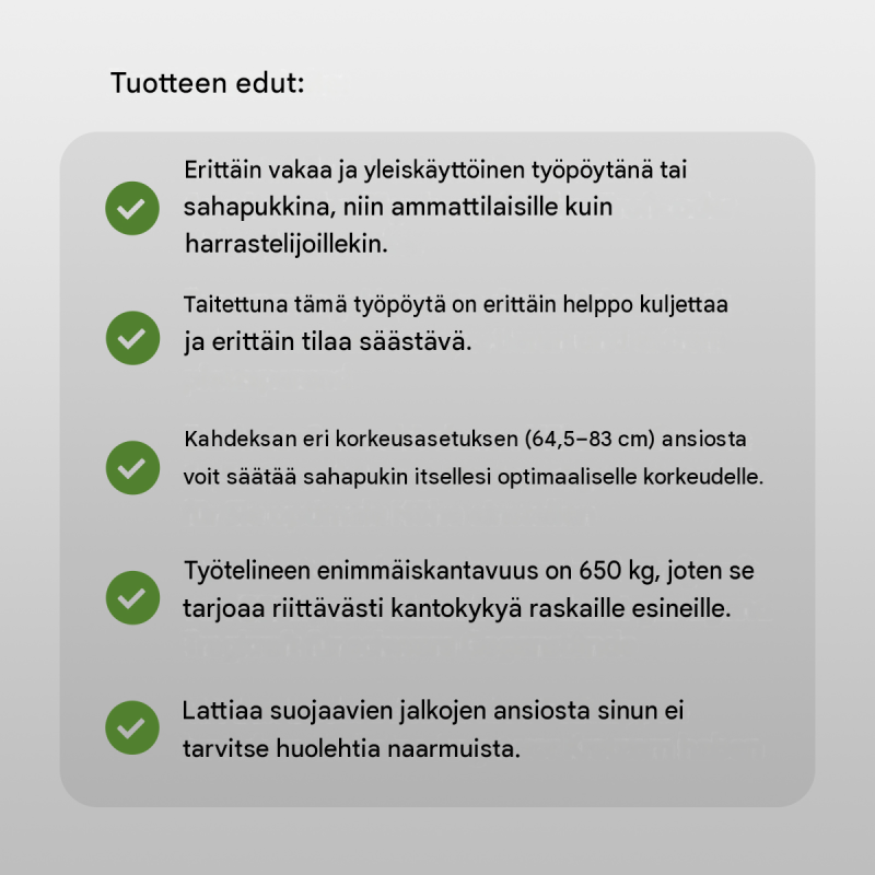 TrutzHolm® teräksinen sahaus- ja työpukki, 650 kg, säädettävä 64,5–83 cm, taitettava