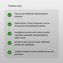 Säilytysteline 30 laatikolla, 12 suurta ja 18 keskikokoista, rei'itetty takalevy seinälle