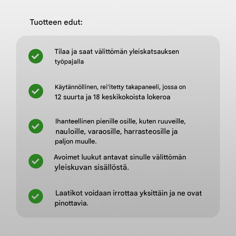 Säilytysteline 30 laatikolla, 12 suurta ja 18 keskikokoista, rei'itetty takalevy seinälle